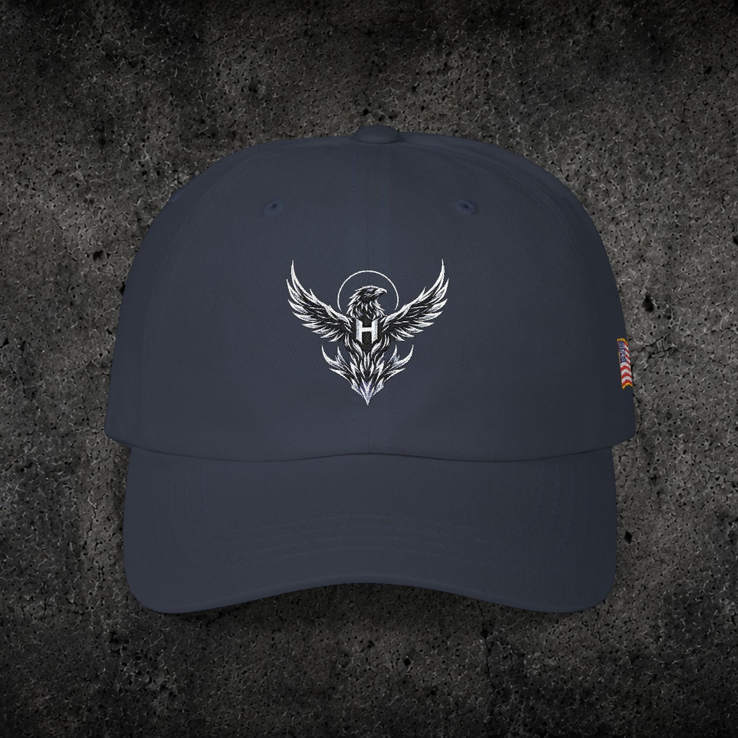 Ember Raven Dad Cap — Minimal Dark Bird Logo Baseball Hat