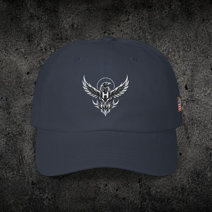 Ember Raven Dad Cap — Minimal Dark Bird Logo Baseball Hat