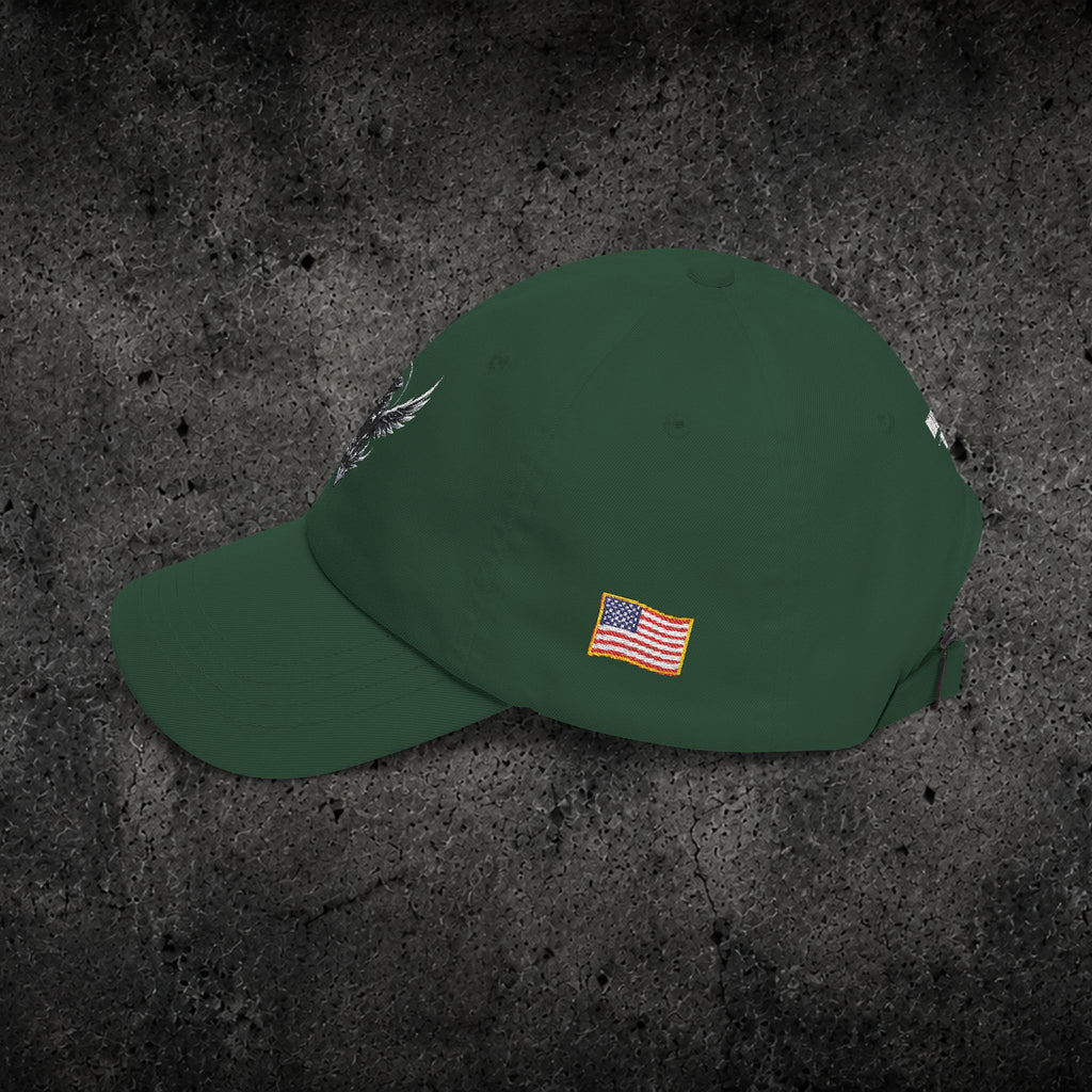 Ember Raven Dad Cap — Minimal Dark Bird Logo Baseball Hat