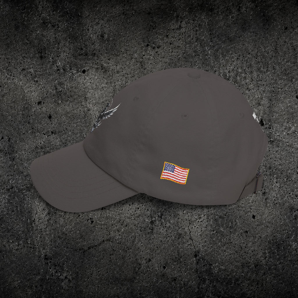 Ember Raven Dad Cap — Minimal Dark Bird Logo Baseball Hat
