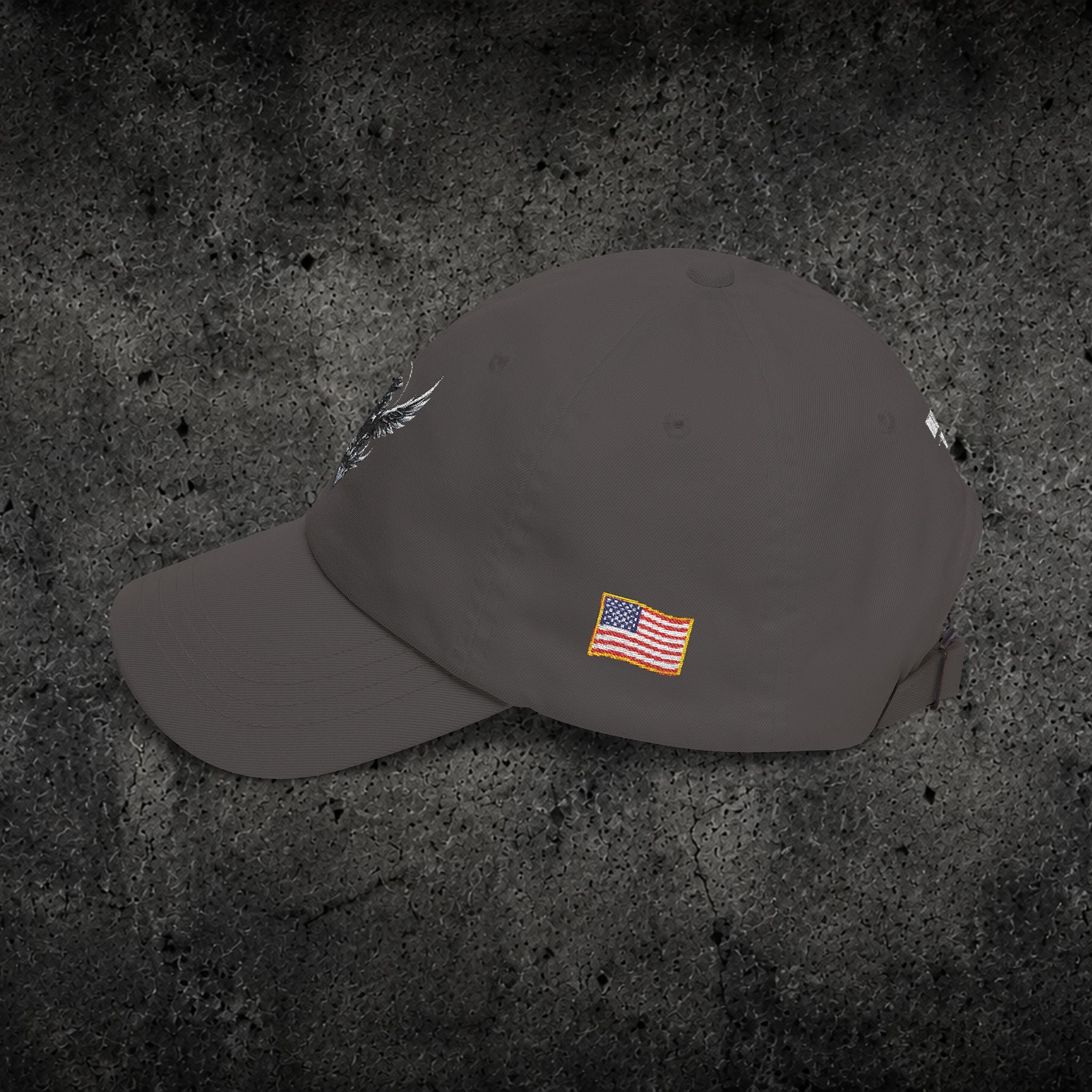 Ember Raven Dad Cap — Minimal Dark Bird Logo Baseball Hat