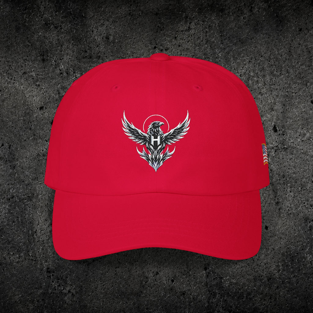 Ember Raven Dad Cap — Minimal Dark Bird Logo Baseball Hat
