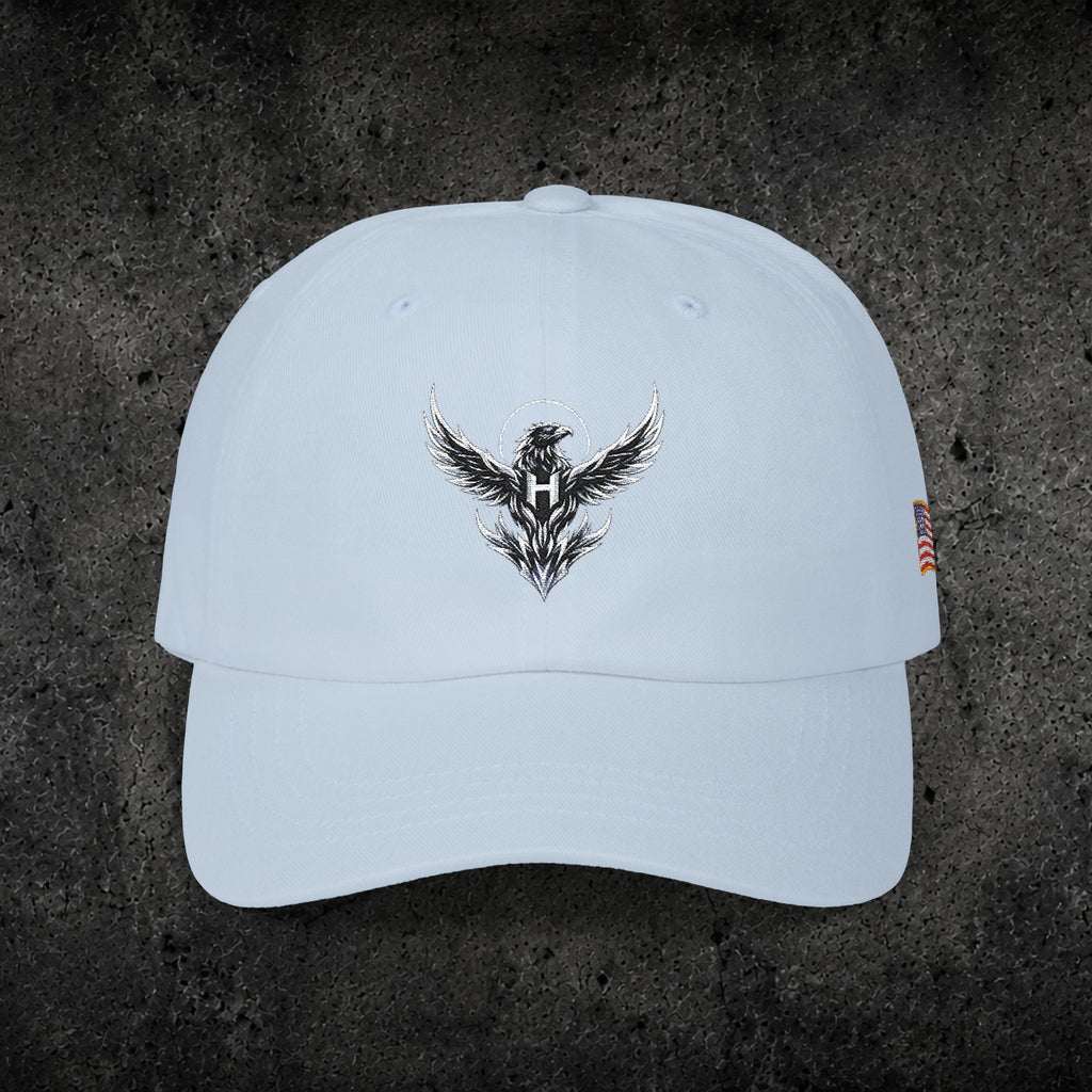 Ember Raven Dad Cap — Minimal Dark Bird Logo Baseball Hat