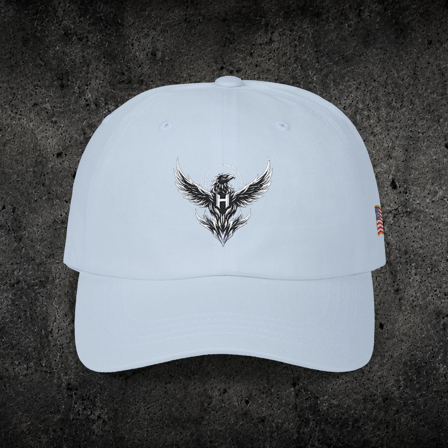 Ember Raven Dad Cap — Minimal Dark Bird Logo Baseball Hat