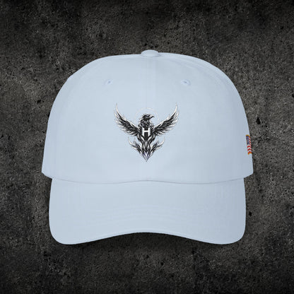 Ember Raven Dad Cap — Minimal Dark Bird Logo Baseball Hat