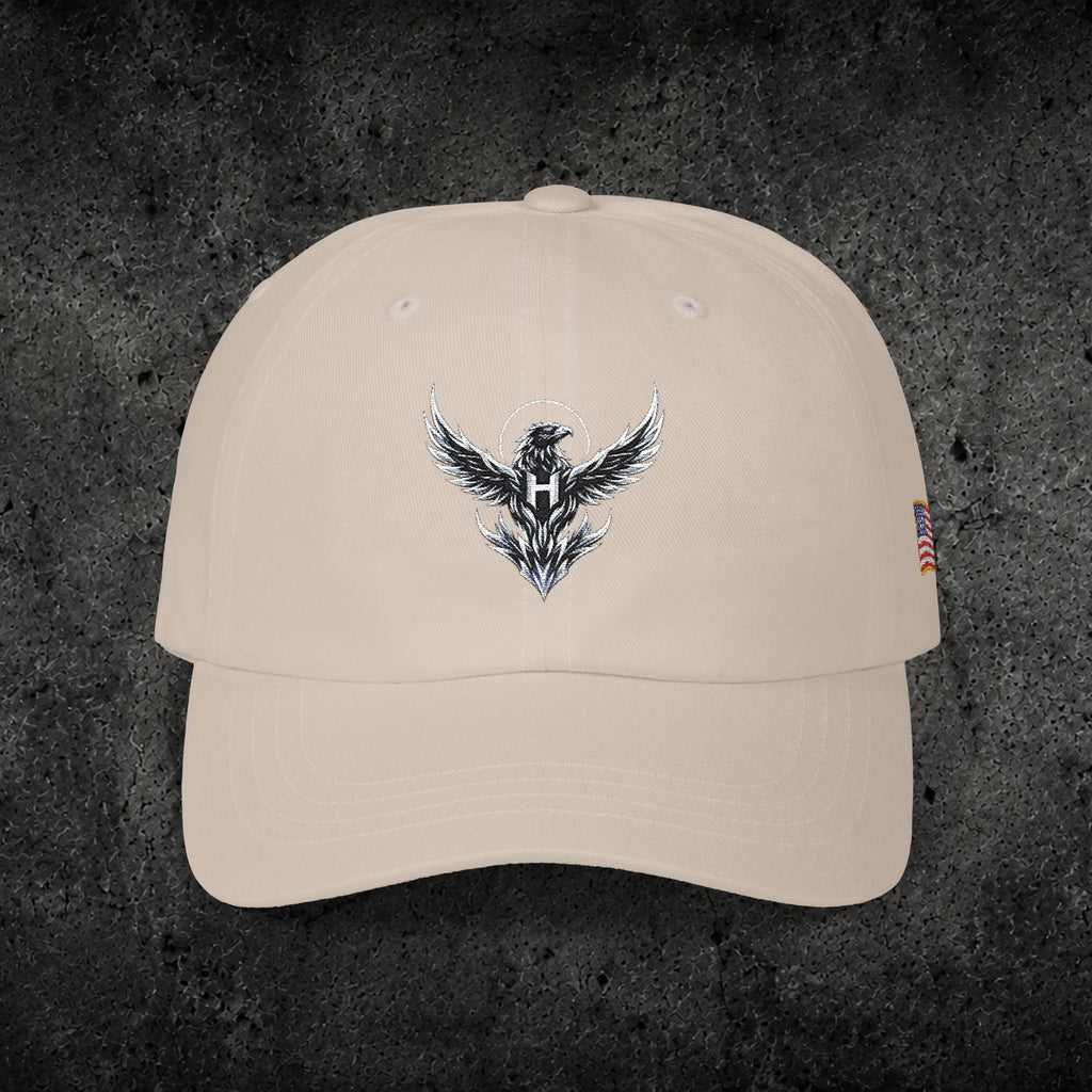 Ember Raven Dad Cap — Minimal Dark Bird Logo Baseball Hat