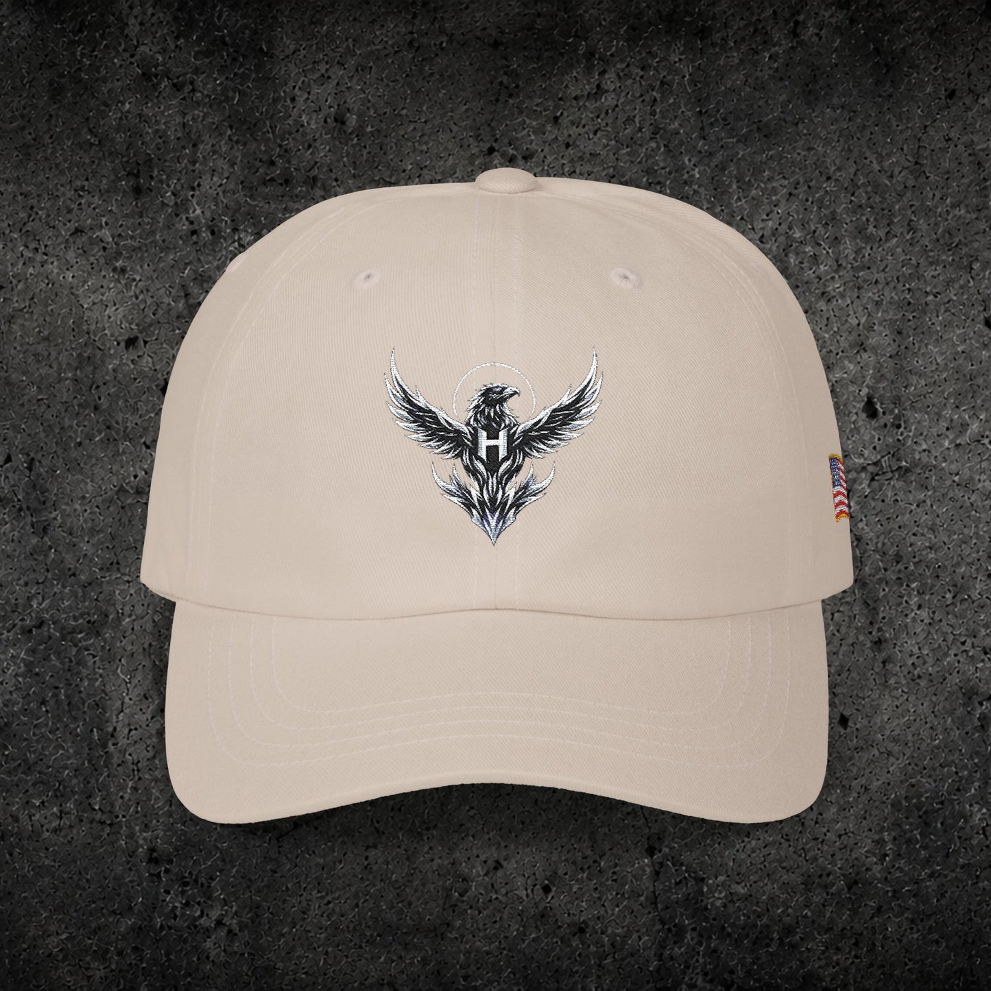 Ember Raven Dad Cap — Minimal Dark Bird Logo Baseball Hat