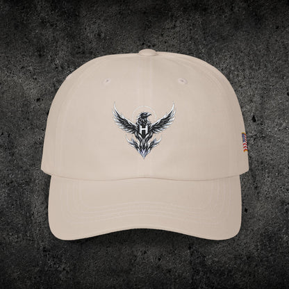Ember Raven Dad Cap — Minimal Dark Bird Logo Baseball Hat