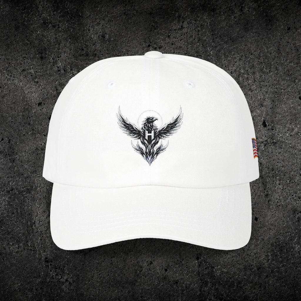 Ember Raven Dad Cap — Minimal Dark Bird Logo Baseball Hat