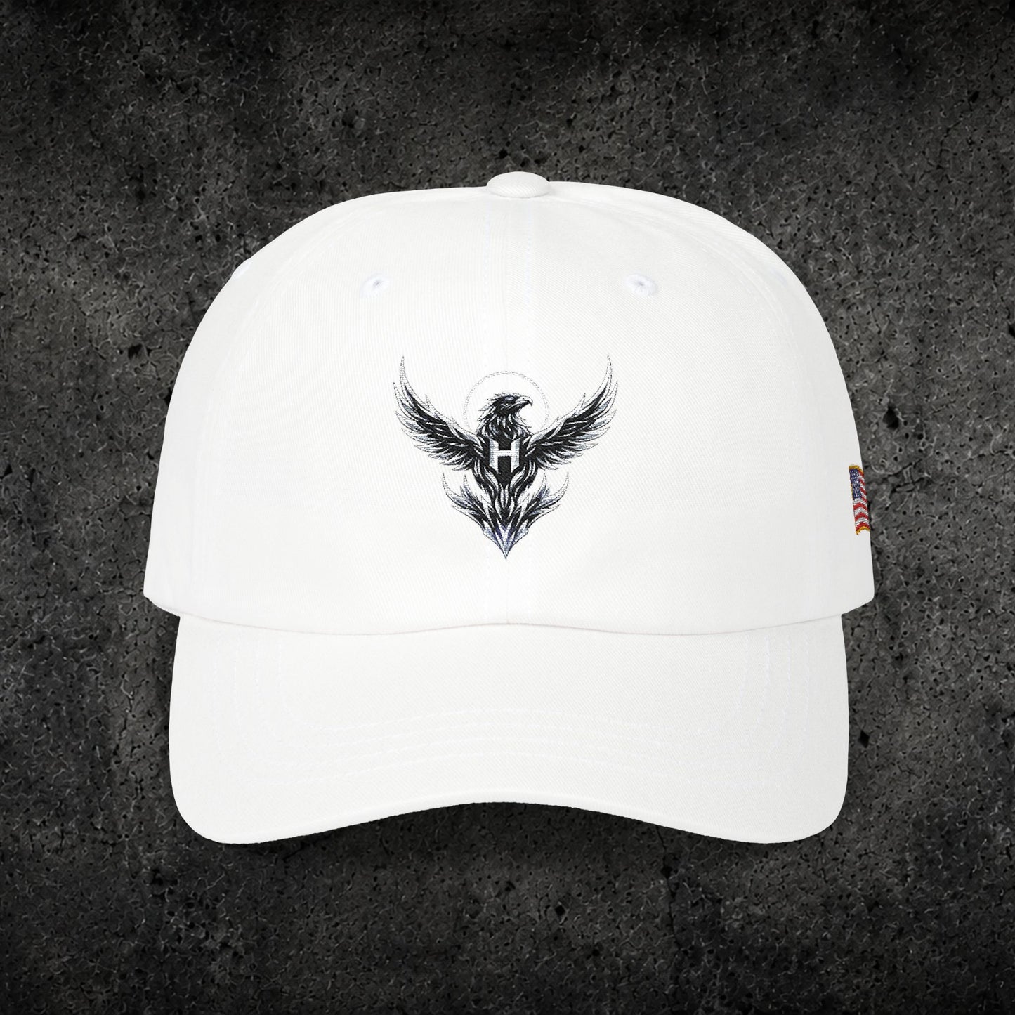 Ember Raven Dad Cap — Minimal Dark Bird Logo Baseball Hat