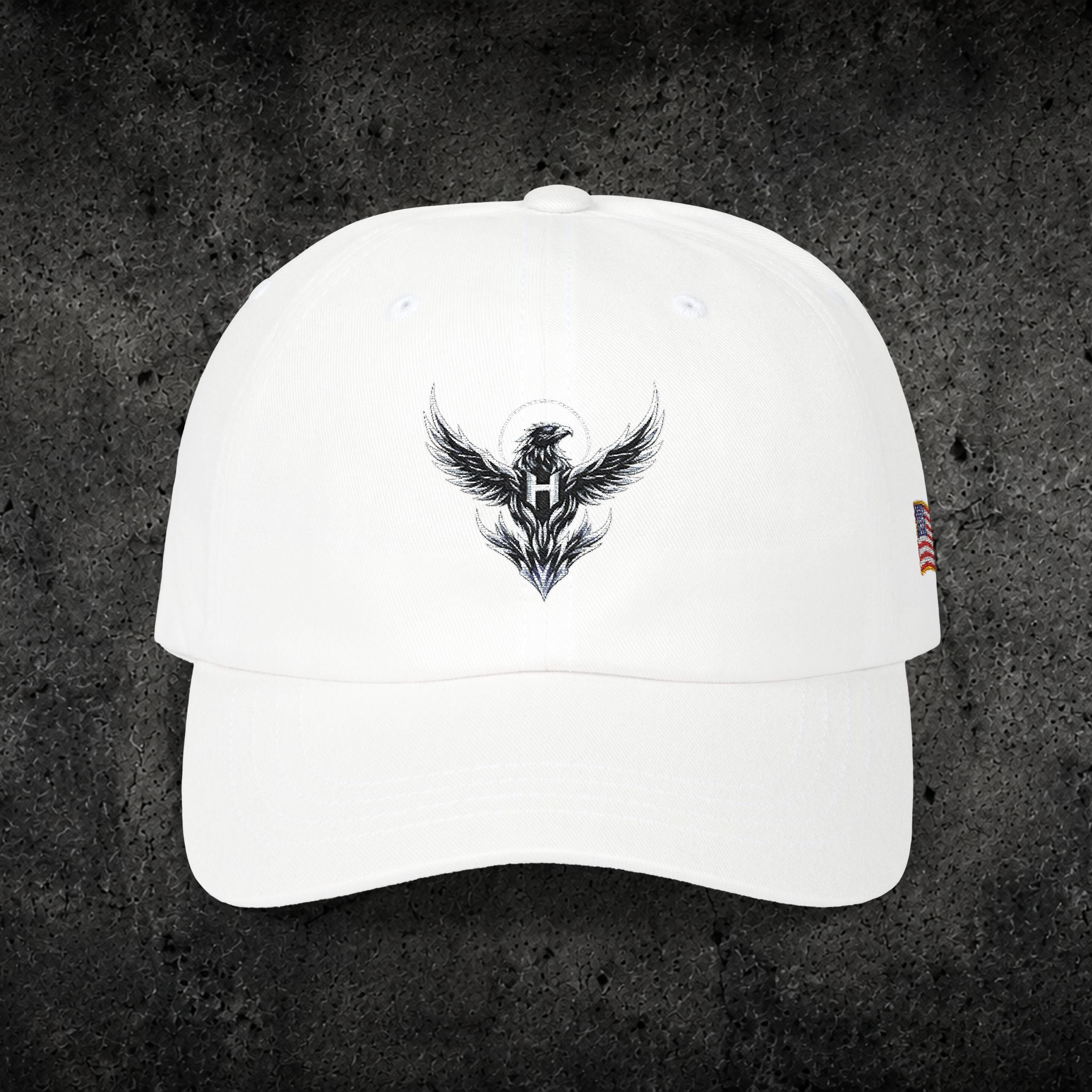 Ember Raven Dad Cap — Minimal Dark Bird Logo Baseball Hat