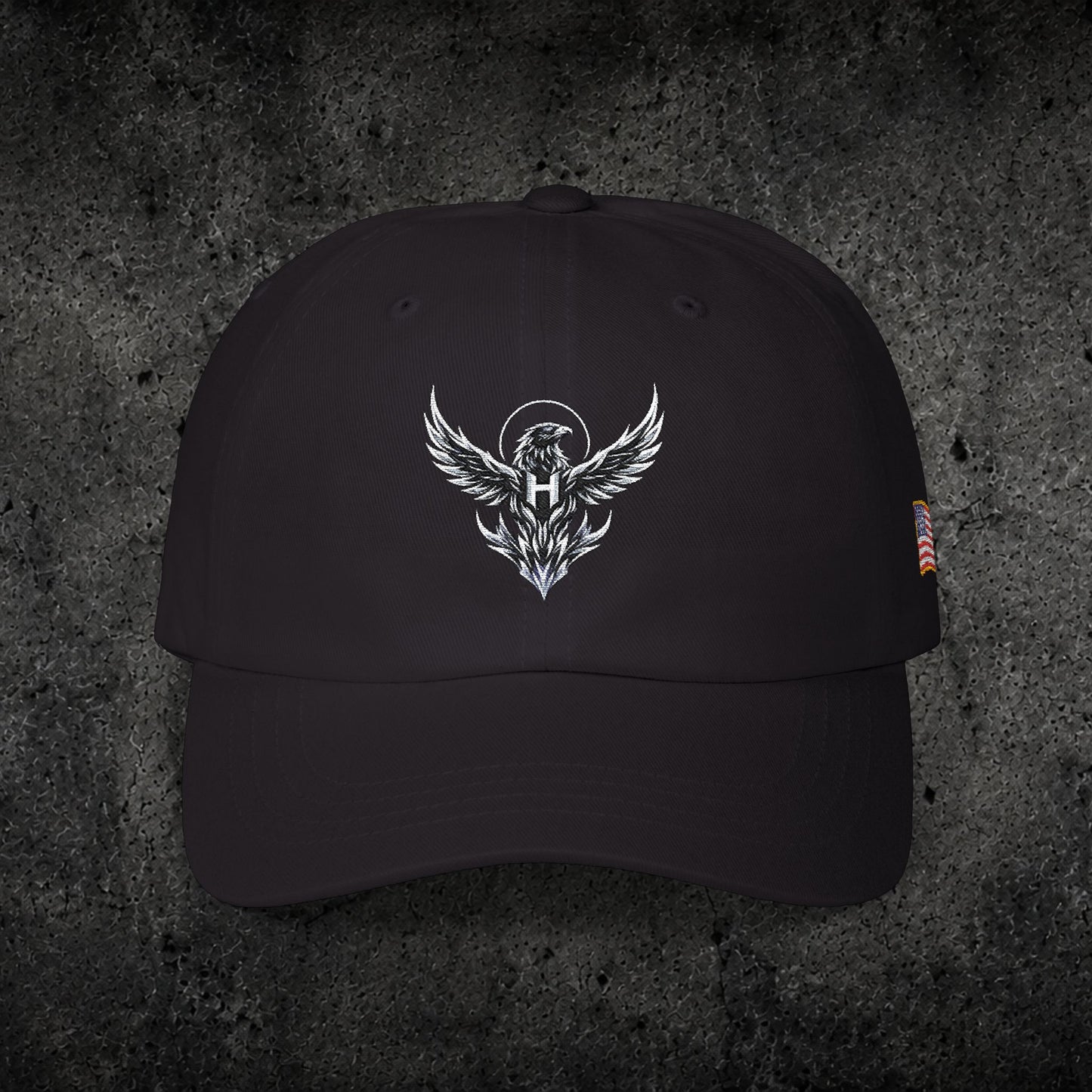 Ember Raven Dad Cap — Minimal Dark Bird Logo Baseball Hat
