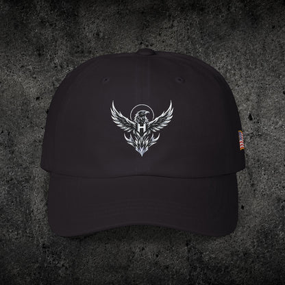Ember Raven Dad Cap — Minimal Dark Bird Logo Baseball Hat