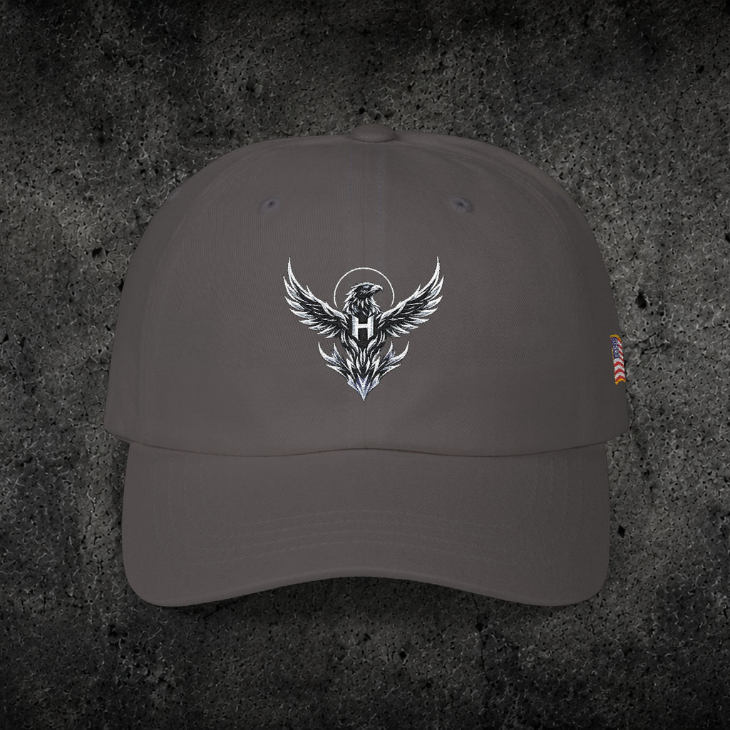 Ember Raven Dad Cap — Minimal Dark Bird Logo Baseball Hat