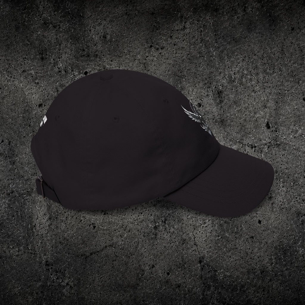 Ember Raven Dad Cap — Minimal Dark Bird Logo Baseball Hat