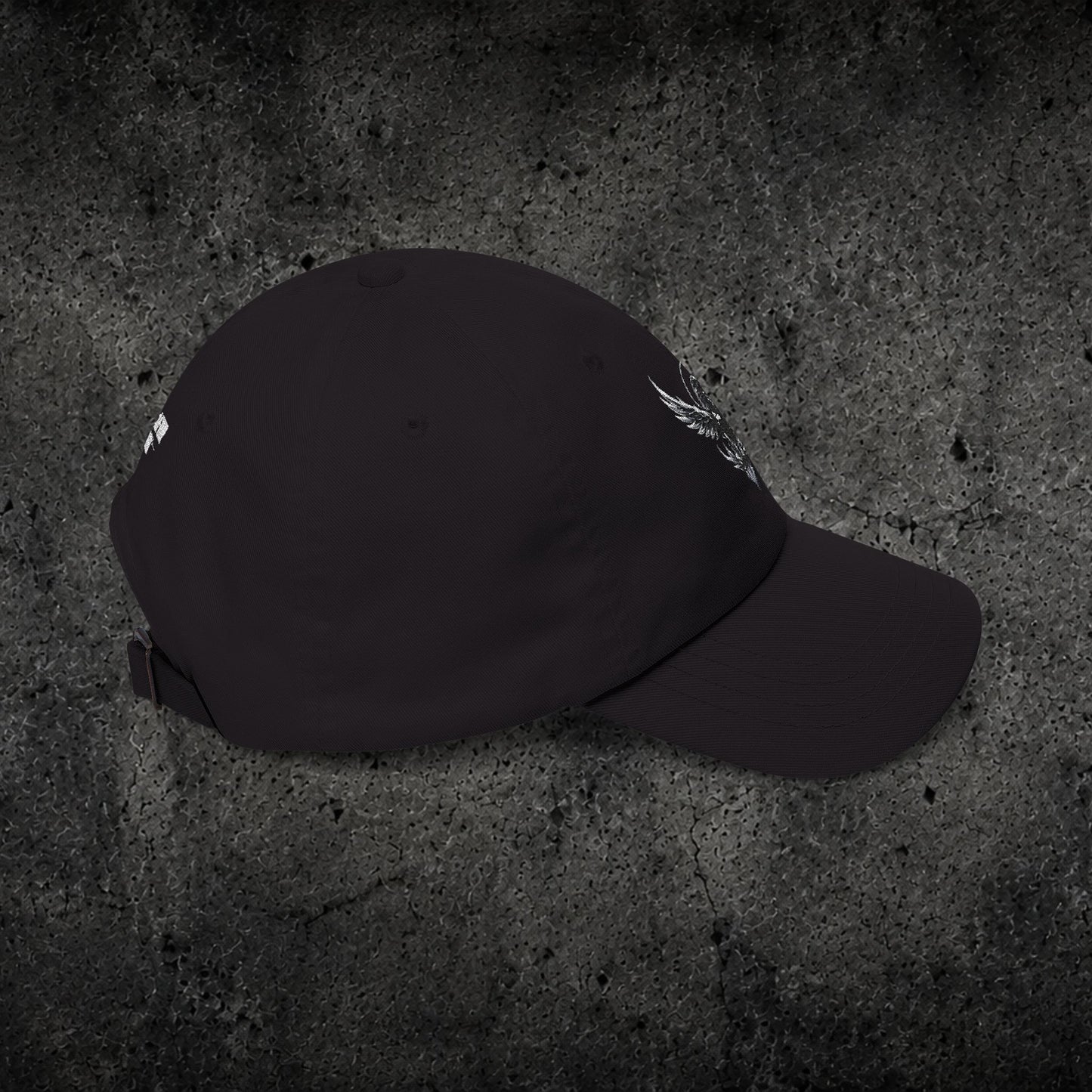 Ember Raven Dad Cap — Minimal Dark Bird Logo Baseball Hat