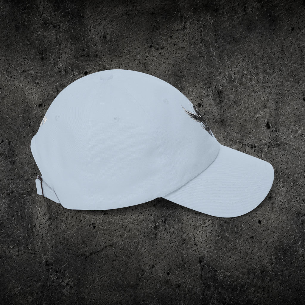 Ember Raven Dad Cap — Minimal Dark Bird Logo Baseball Hat