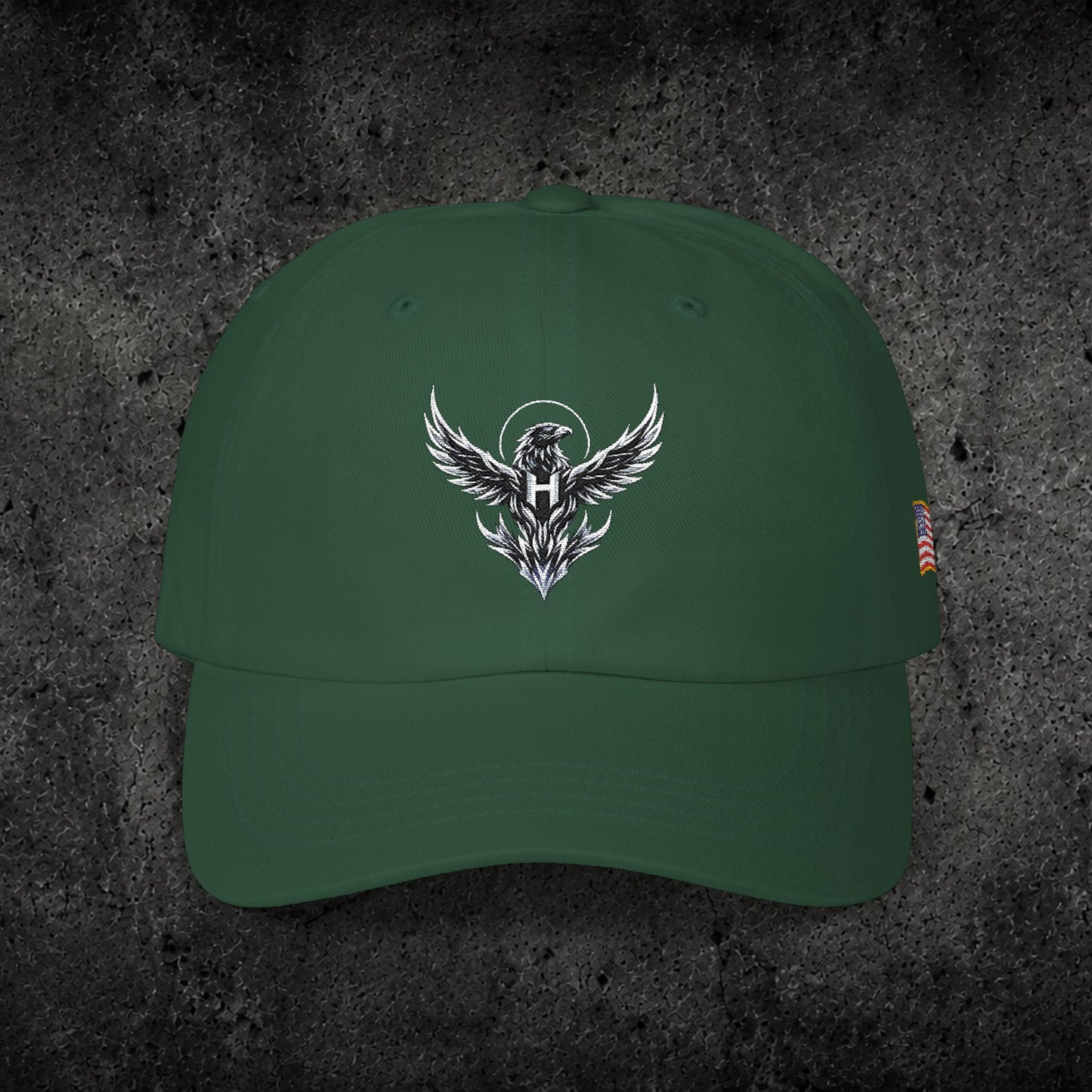 Ember Raven Dad Cap — Minimal Dark Bird Logo Baseball Hat
