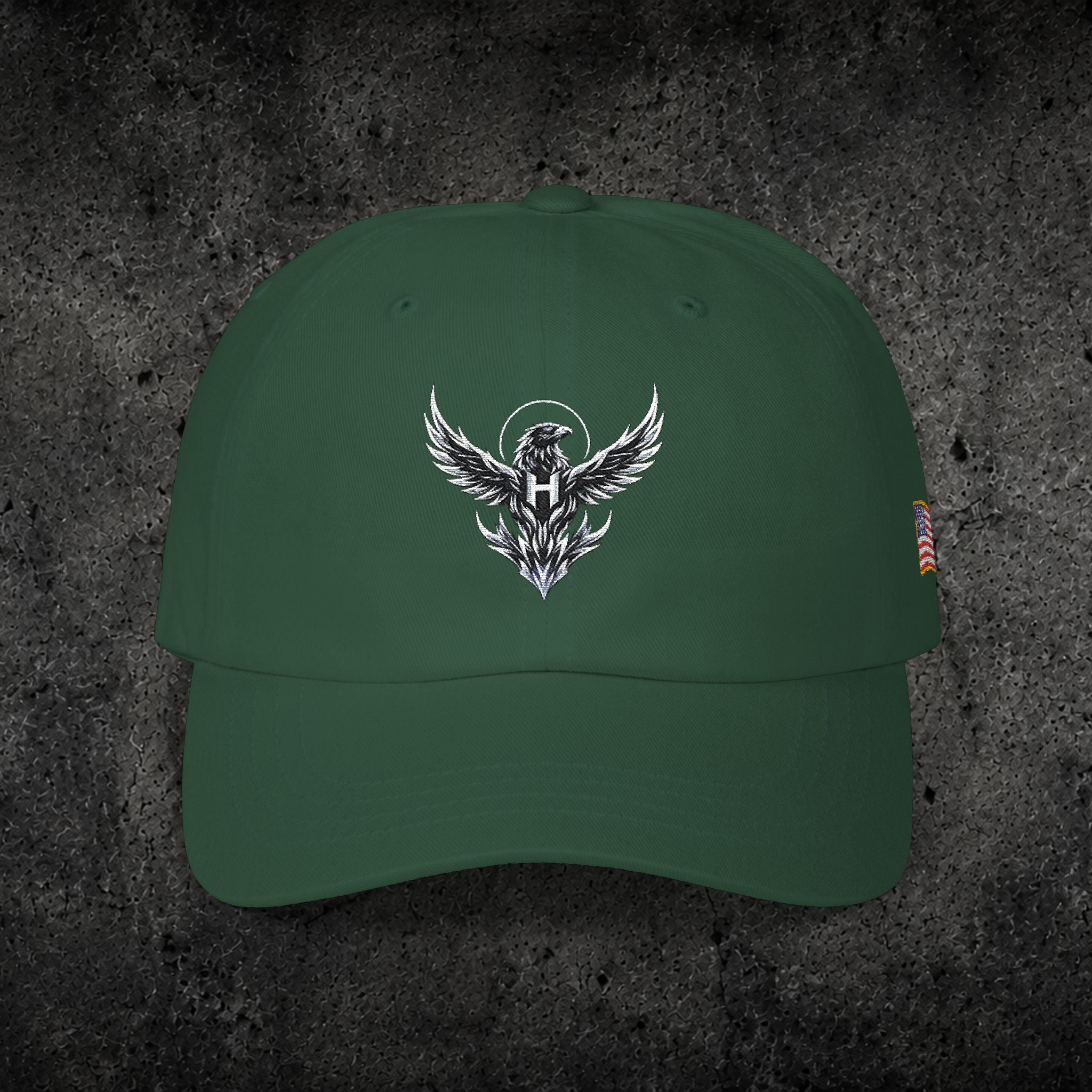 Ember Raven Dad Cap — Minimal Dark Bird Logo Baseball Hat