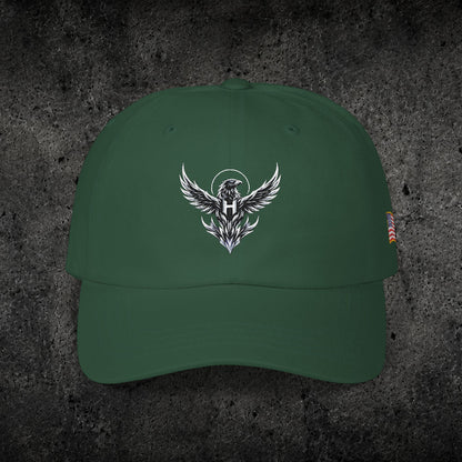Ember Raven Dad Cap — Minimal Dark Bird Logo Baseball Hat