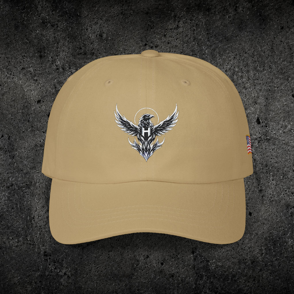 Ember Raven Dad Cap — Minimal Dark Bird Logo Baseball Hat