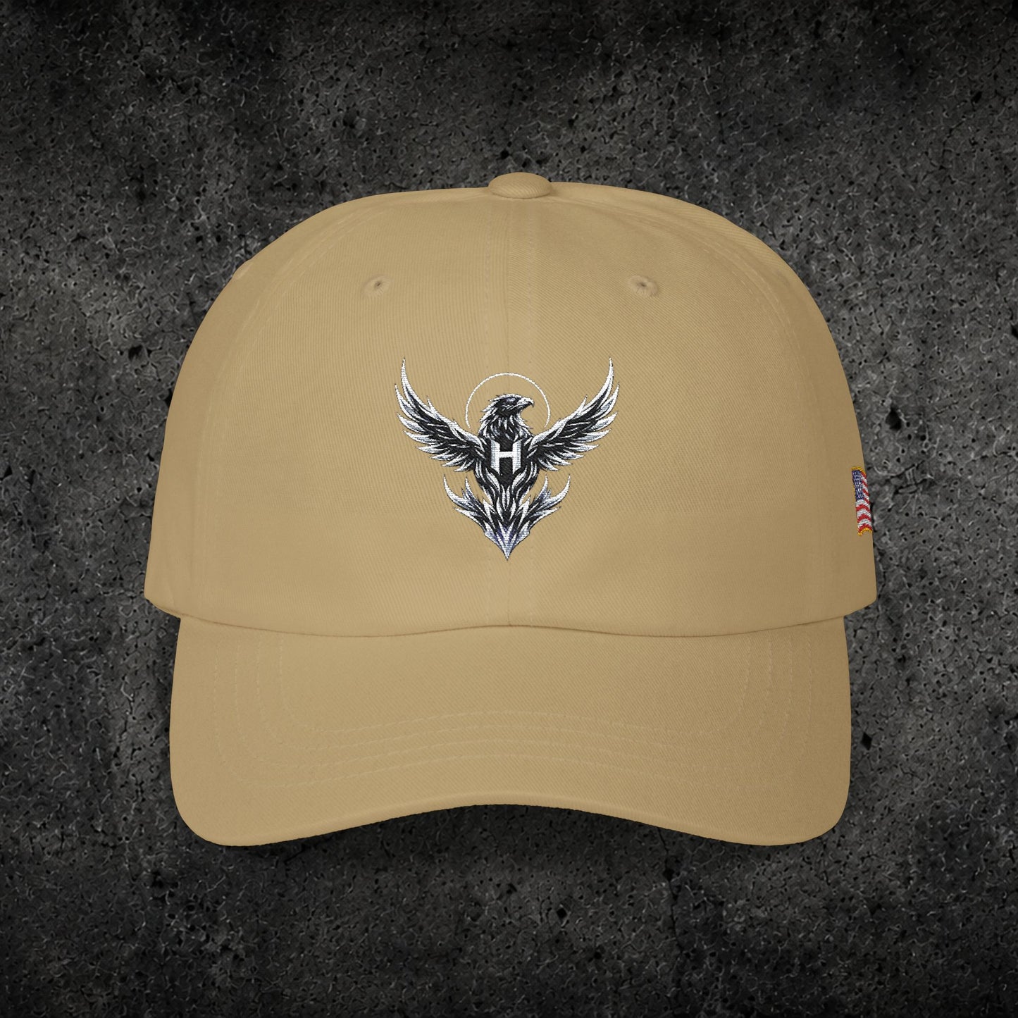 Ember Raven Dad Cap — Minimal Dark Bird Logo Baseball Hat