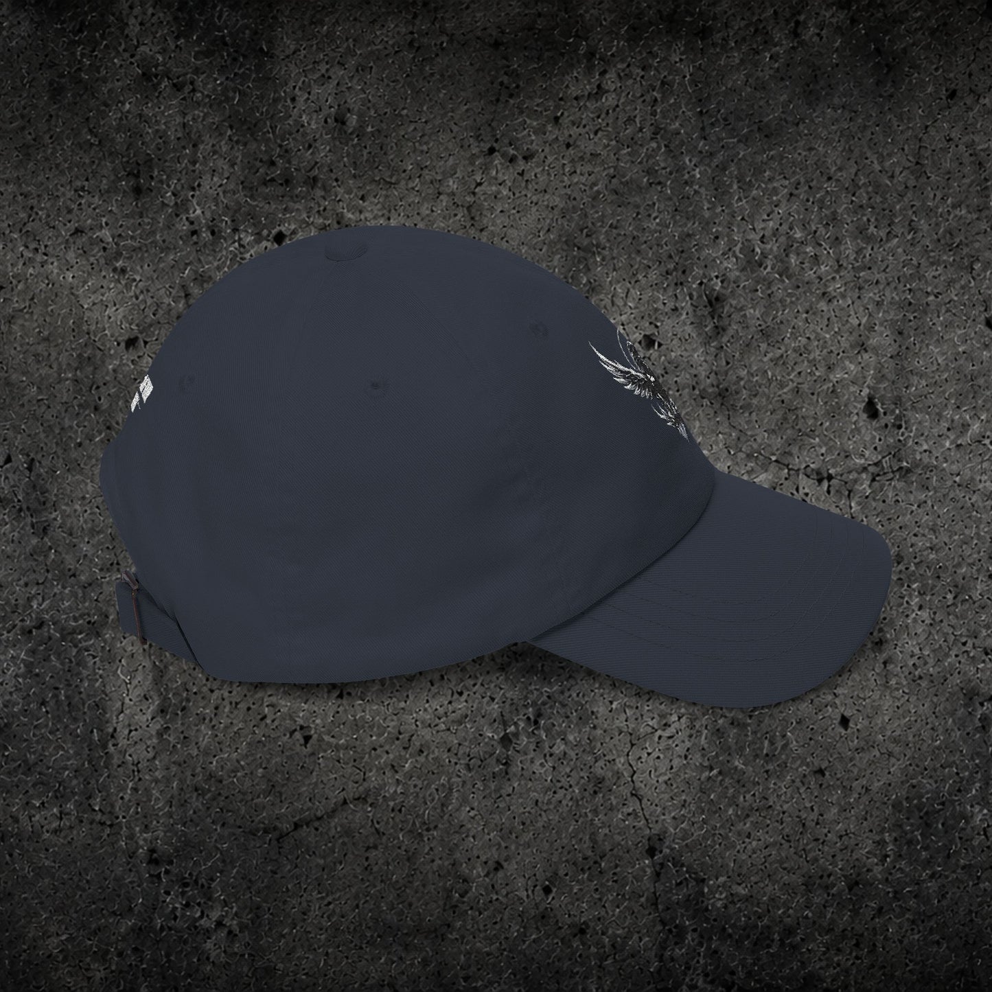 Ember Raven Dad Cap — Minimal Dark Bird Logo Baseball Hat