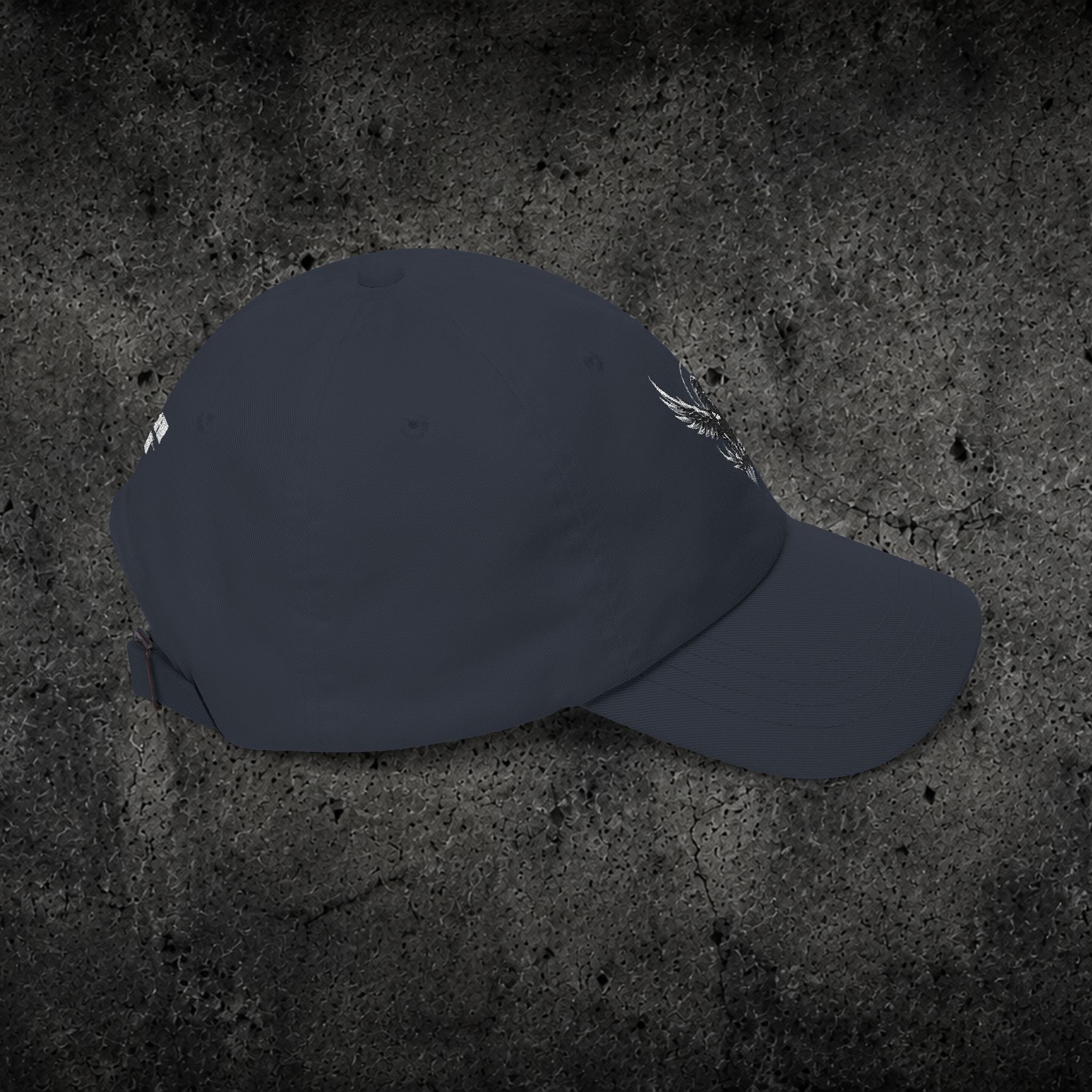 Ember Raven Dad Cap — Minimal Dark Bird Logo Baseball Hat